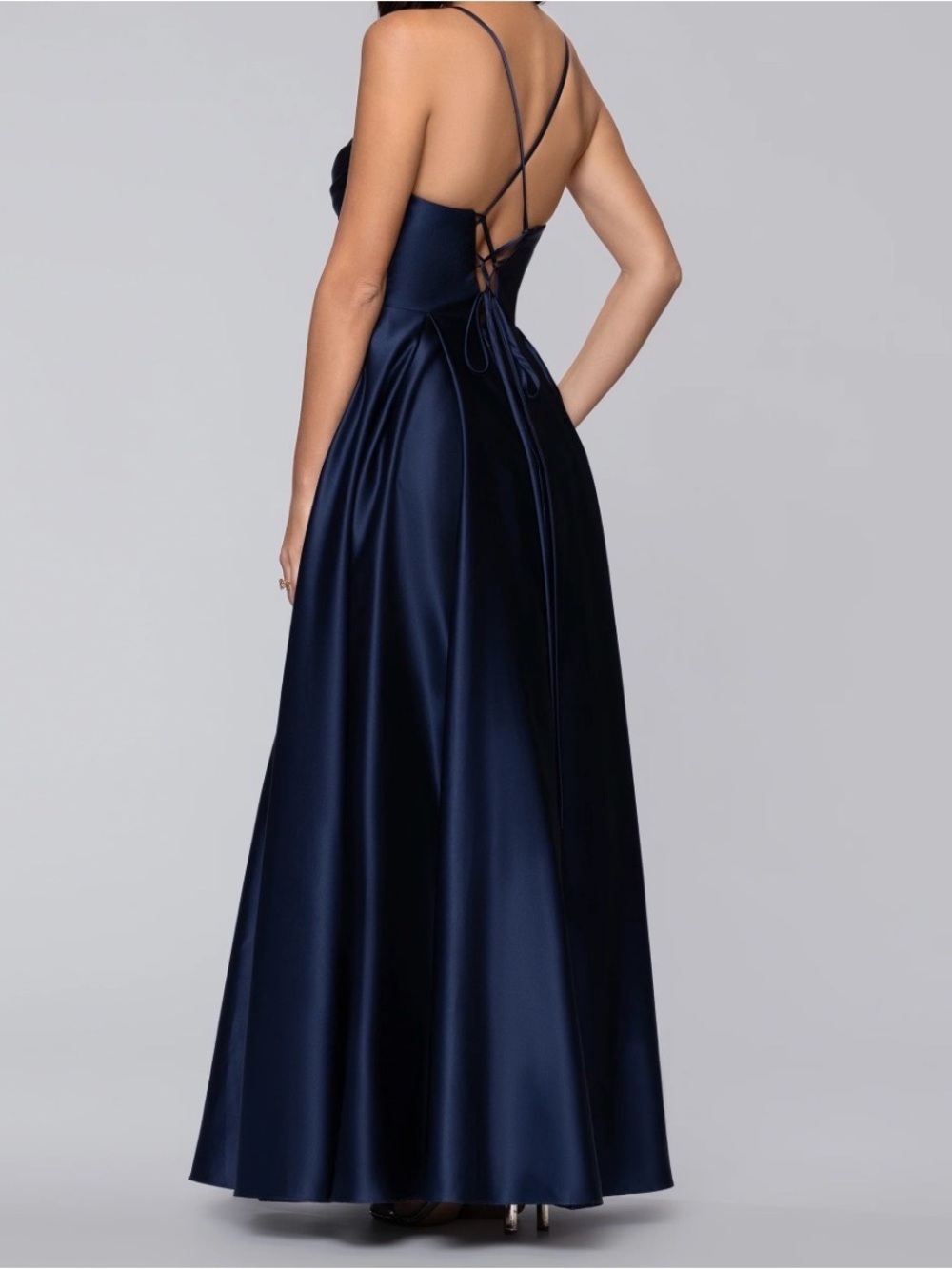 Blondie Nites Deep Navy Satin A-Line Prom Dress with Lace-Up Back